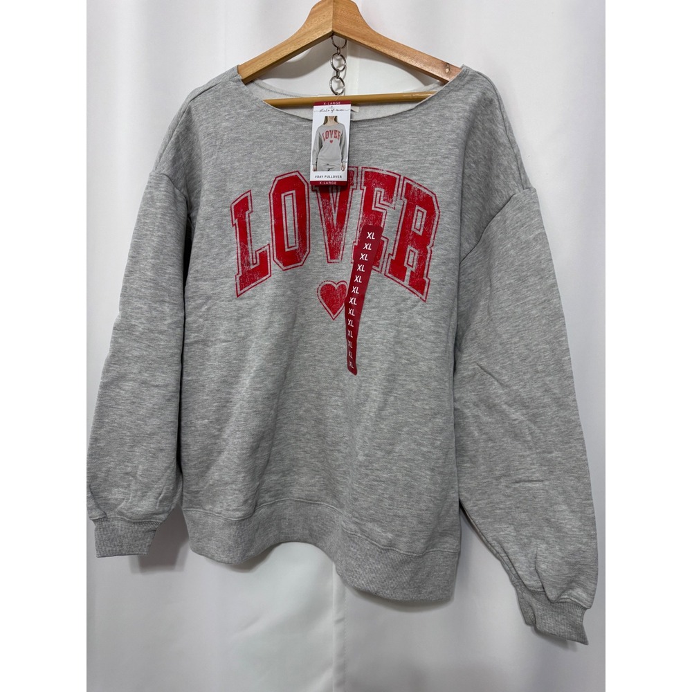 State of Mine Lover Vday Pullover Sweatshirt Gray Red Heart XL NWT